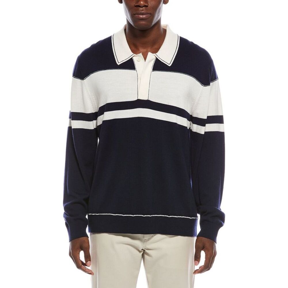 Simkhai Mens  Striped Wool Polo Shirt, Black